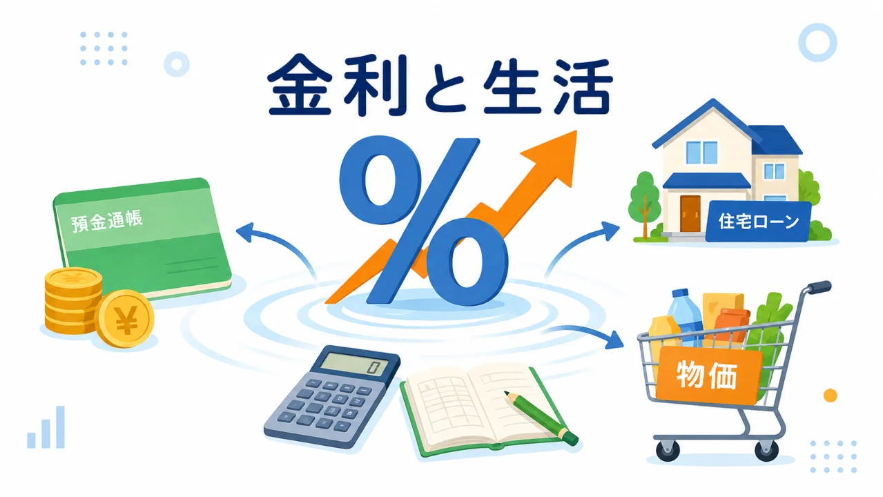 上昇する金利から預金、住宅ローン、買い物へ影響が広がる様子を表したイラスト