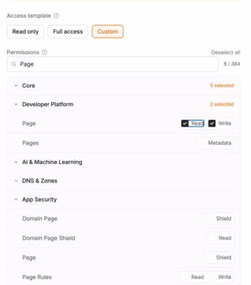 CloudflareのOAuth認証でPagesのReadとWrite権限を選択する画面