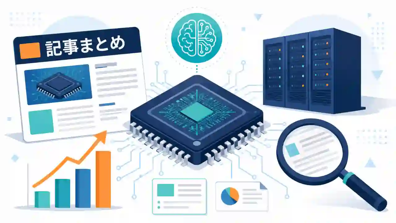 中央の半導体チップの周囲にニュース画面やサーバーが並ぶ、連載案内ページのアイキャッチのイラスト