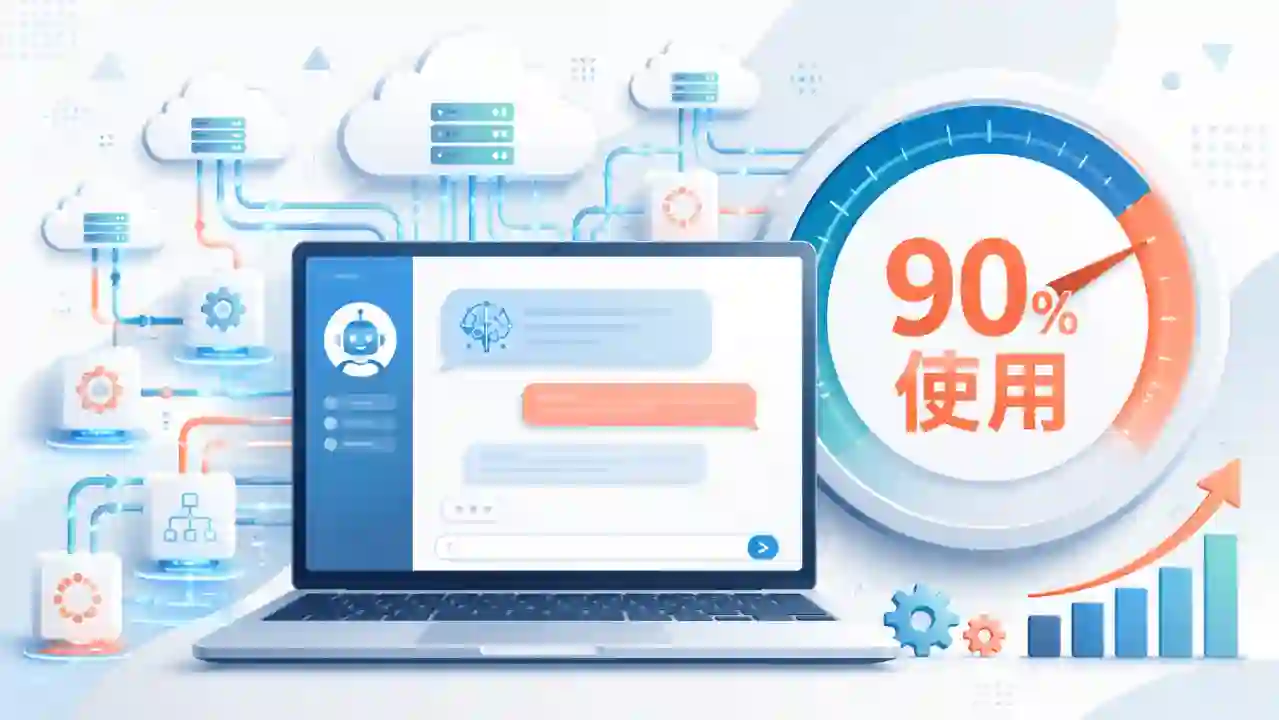 AIとの作業の裏で複数の自動処理が動き、利用量が90％まで上昇している様子のイラスト