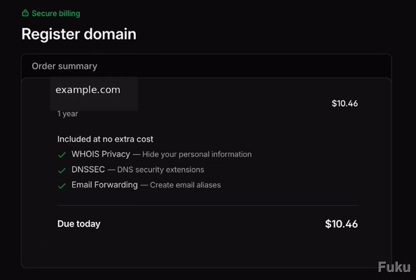 Cloudflare Registrarのドメイン購入画面で料金とWHOIS Privacy、DNSSECなどを確認している様子