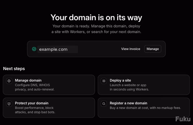 Cloudflareでドメイン登録が完了し次の設定へ進める画面