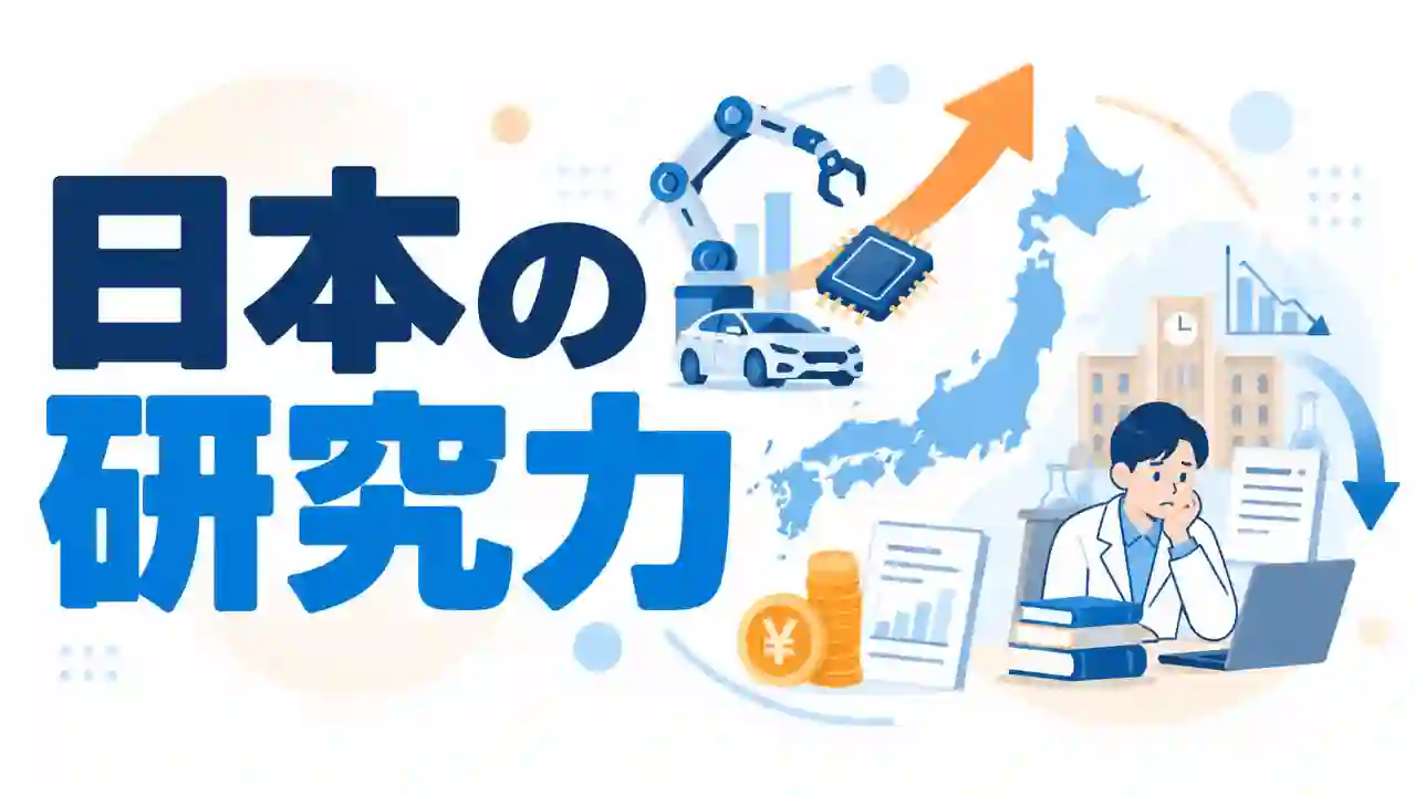 日本の科学技術の強い分野と大学研究の課題を対比して示した図解イラスト