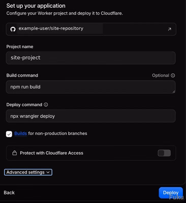 Cloudflare Workersでビルドコマンドとデプロイコマンドを設定する画面