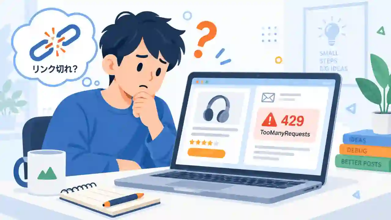 商品リンク切れを疑いながら、警告メールを見て戸惑う運営者の場面のイラスト