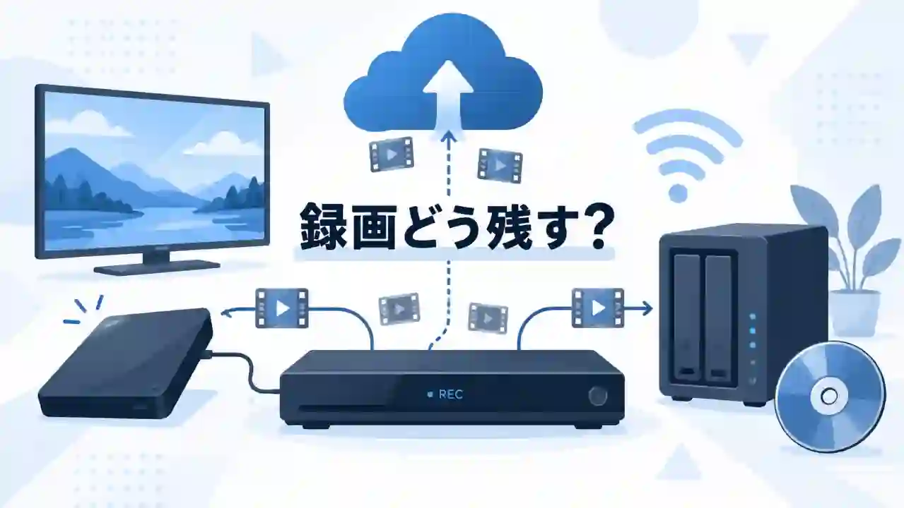 テレビ録画機からNASとクラウドへデータの保存先を分けて検討している様子のイラスト