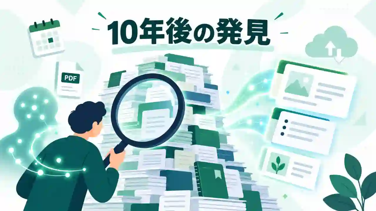 約2万7,000件のノートを長年保存してきた利用者がAI検索で過去の情報を掘り起こしている場面のイラスト