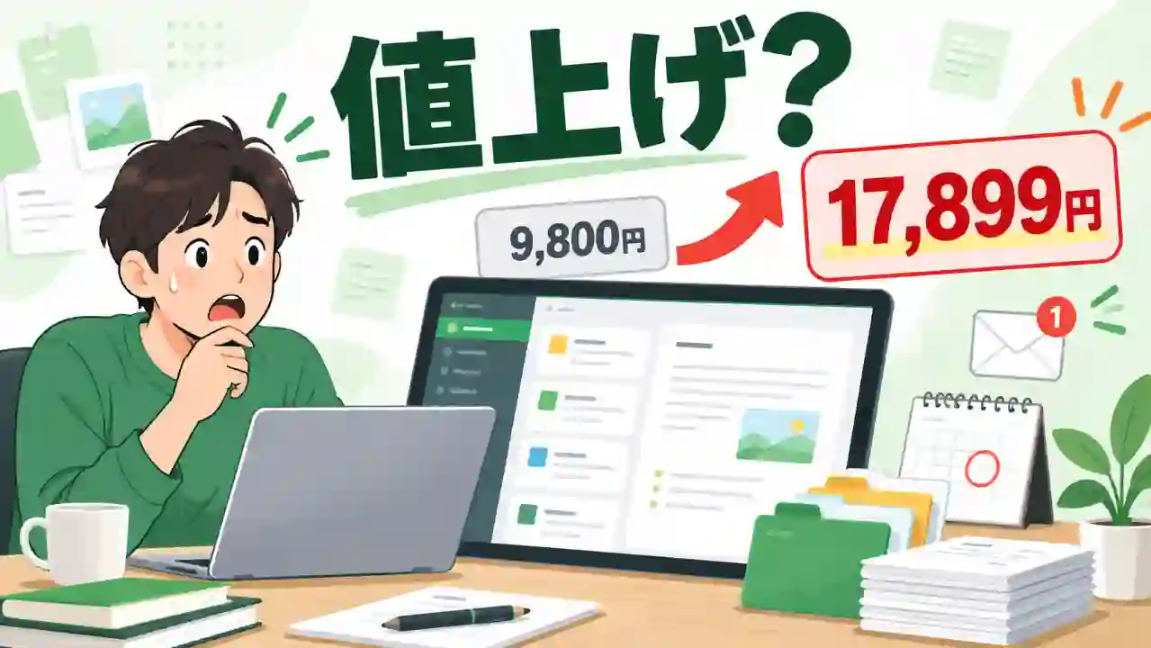 Evernoteの値上げで年額17,899円への移行に驚き、継続か解約かを考える利用者のイラスト