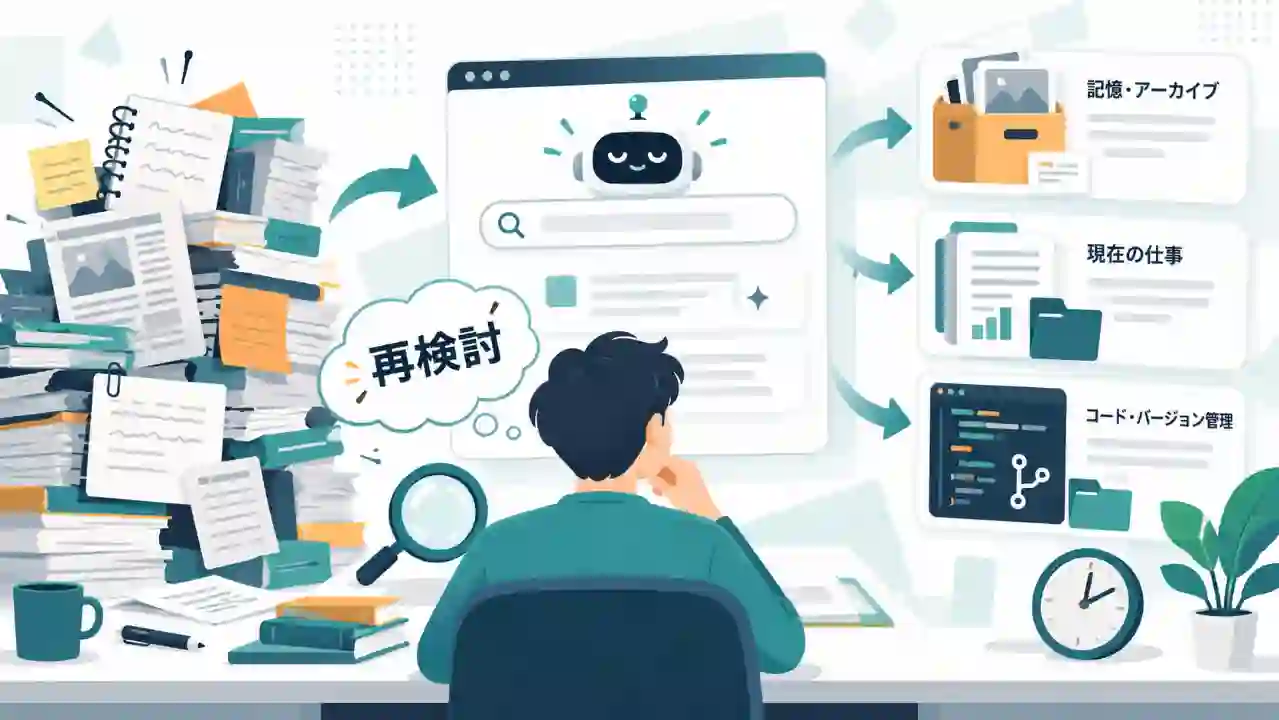 大量のノートと作業用ファイルを前に、AI時代の情報整理を考え直す人物を描いたイラスト