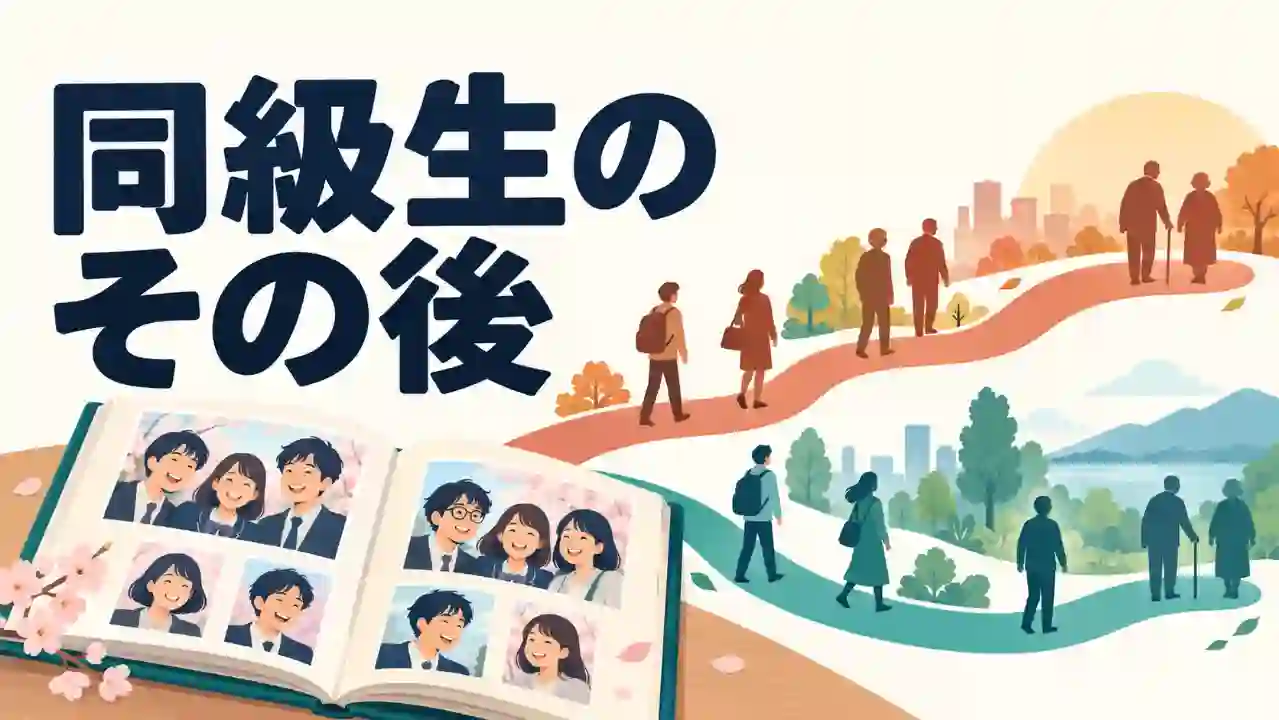 同級生のその後という見出しと開いた卒業アルバムを中心に、二色の道に沿って大人や高齢者の姿が並ぶ様子のイラスト