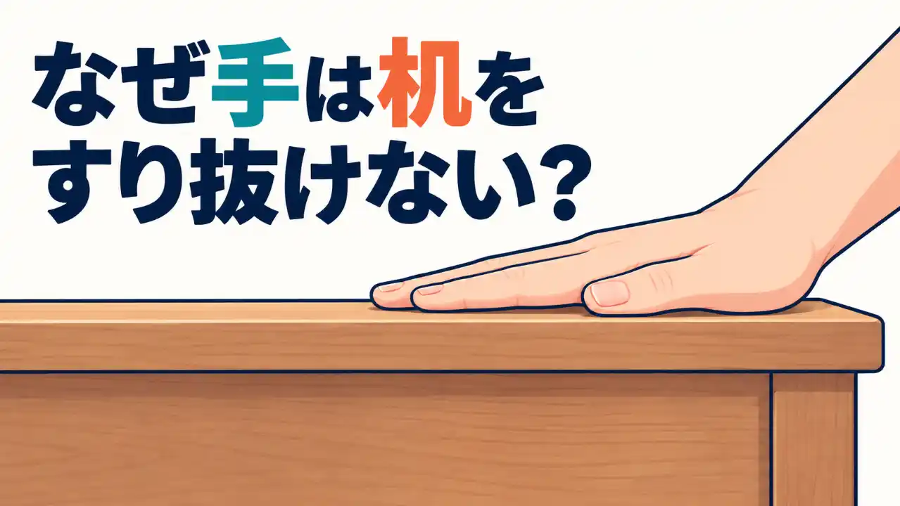 「なぜ手は机をすり抜けない？」という見出しと、机の上に置かれた手。手が机の表面で止まる、記事の中心的な疑問を示している。