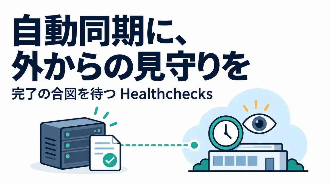 「自動同期に、外からの見守りを」の見出しと、保存を終えたサーバーから外部の見守り役へ合図を送る構図。