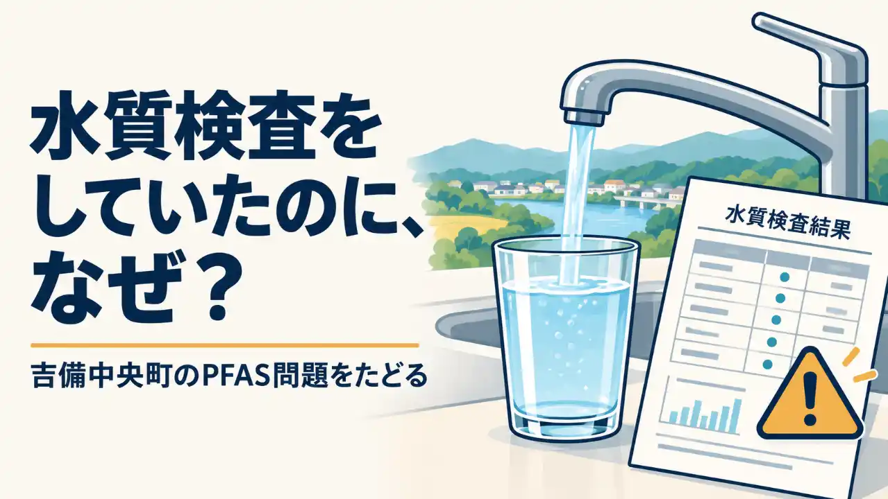 「水質検査をしていたのに、なぜ？」の見出しと、蛇口から注がれる水、注意印の付いた検査表。吉備中央町のPFAS問題を調べる記事の表紙。