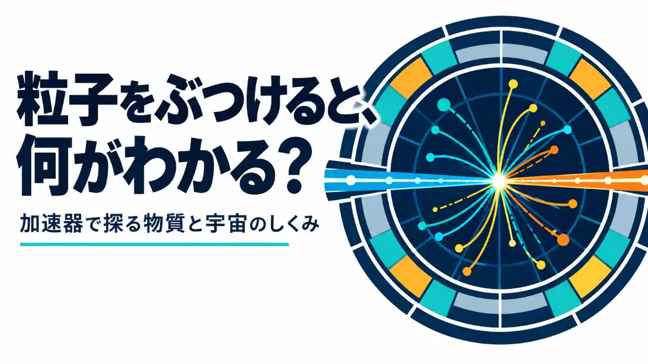 「粒子をぶつけると、何がわかる？」の見出しと、検出器の中央で二つのビームが衝突し、粒子の軌跡が広がる図。加速器で物質と宇宙を探る記事の表紙。