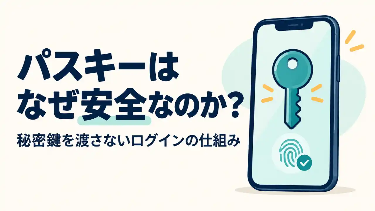 「パスキーはなぜ安全なのか？」の見出しと、スマホ内の鍵と指紋の承認マーク。ログイン先へ秘密鍵を渡さない仕組みを紹介する表紙。