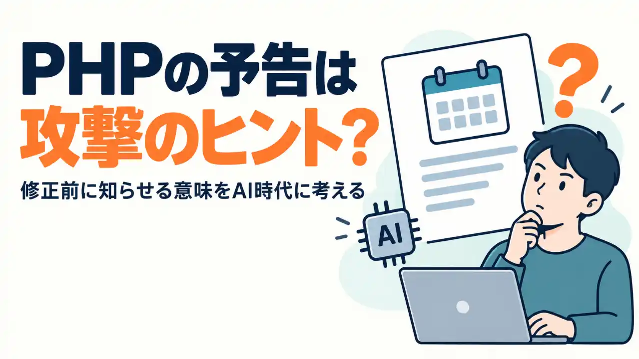 「PHPの予告は攻撃のヒント？」という見出しと、予告の書類を前に考える人物。AI時代に修正前の予告をどう考えるかという問いを示す。