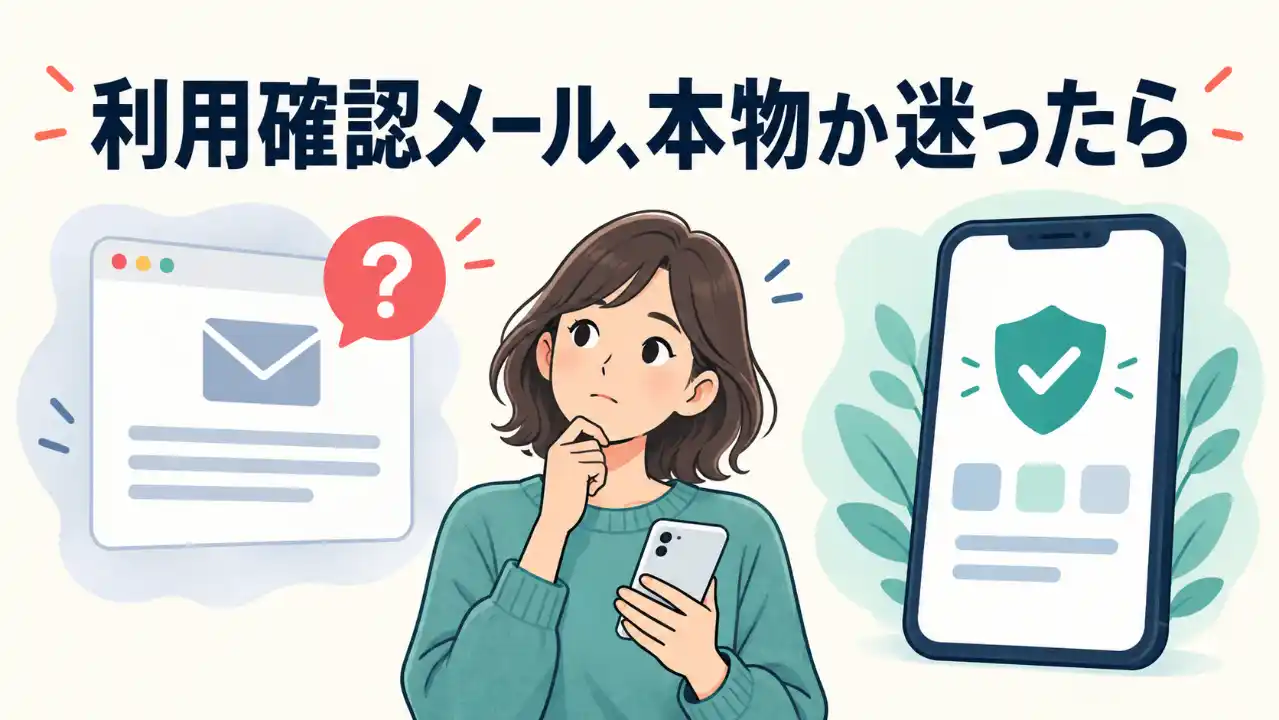 利用確認メールが本物か迷う人物と、メール画面とは別に描かれた安全な確認先を表すスマートフォン。見出しは「利用確認メール、本物か迷ったら」。