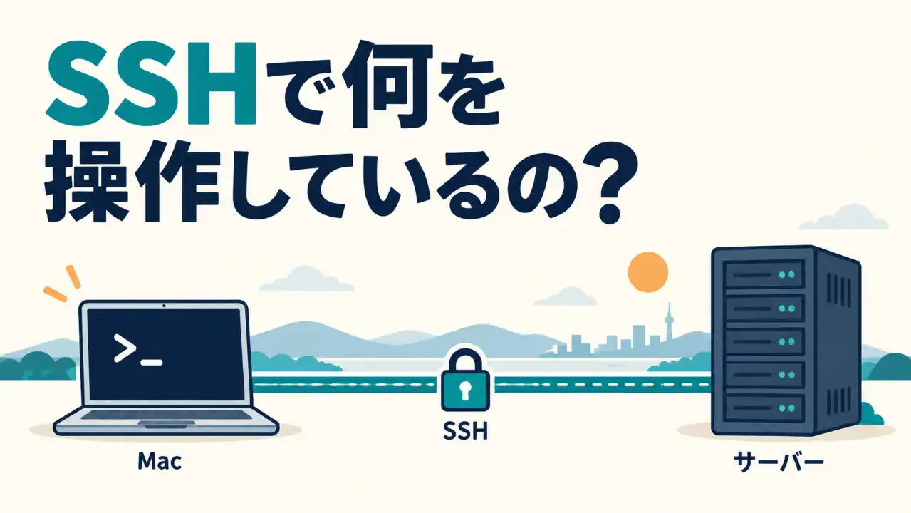 「SSHで何を操作しているの？」という見出しと、Macから離れたサーバーへ、暗号化されたSSH通信で接続する様子を表したイラスト。