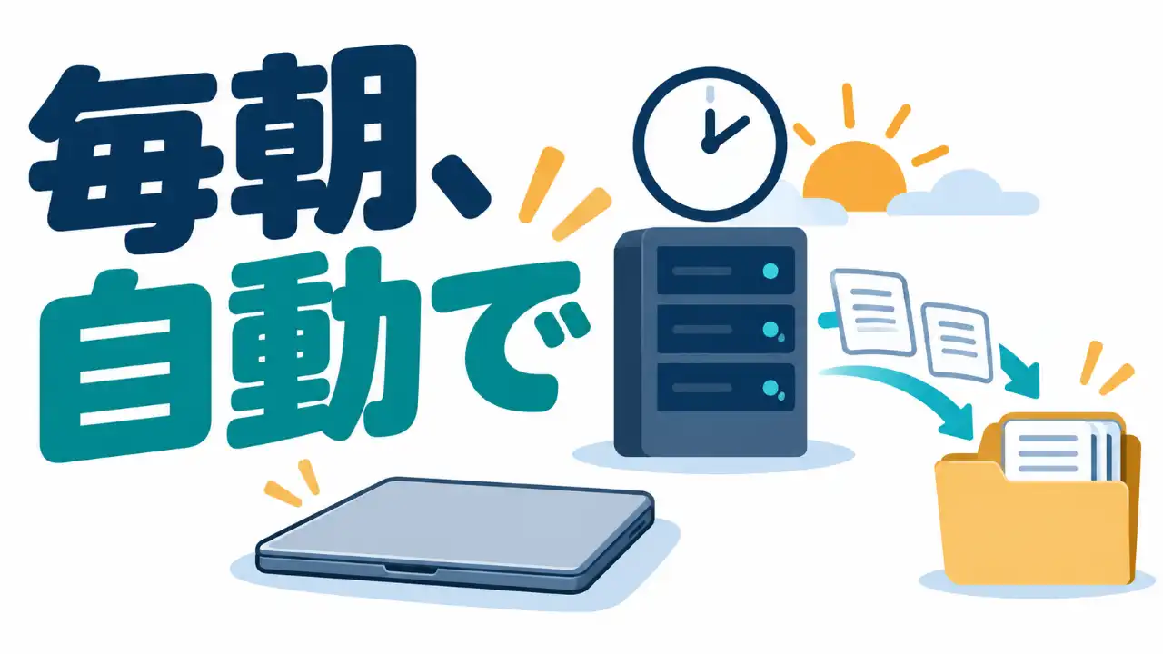 「毎朝、自動で」の文字の横に時計と朝日、サーバーから書類を送る矢印とフォルダーを描き、手前に閉じたパソコンを置いたイラスト