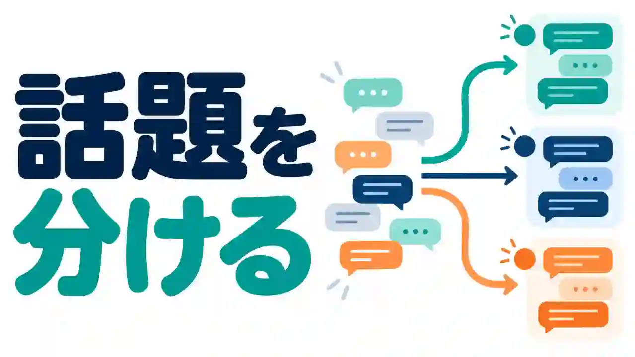 混ざった色の吹き出しから三方向へ矢印が伸び、話題別の会話のまとまりに分かれる様子を大きな見出しで示す図解のイラスト