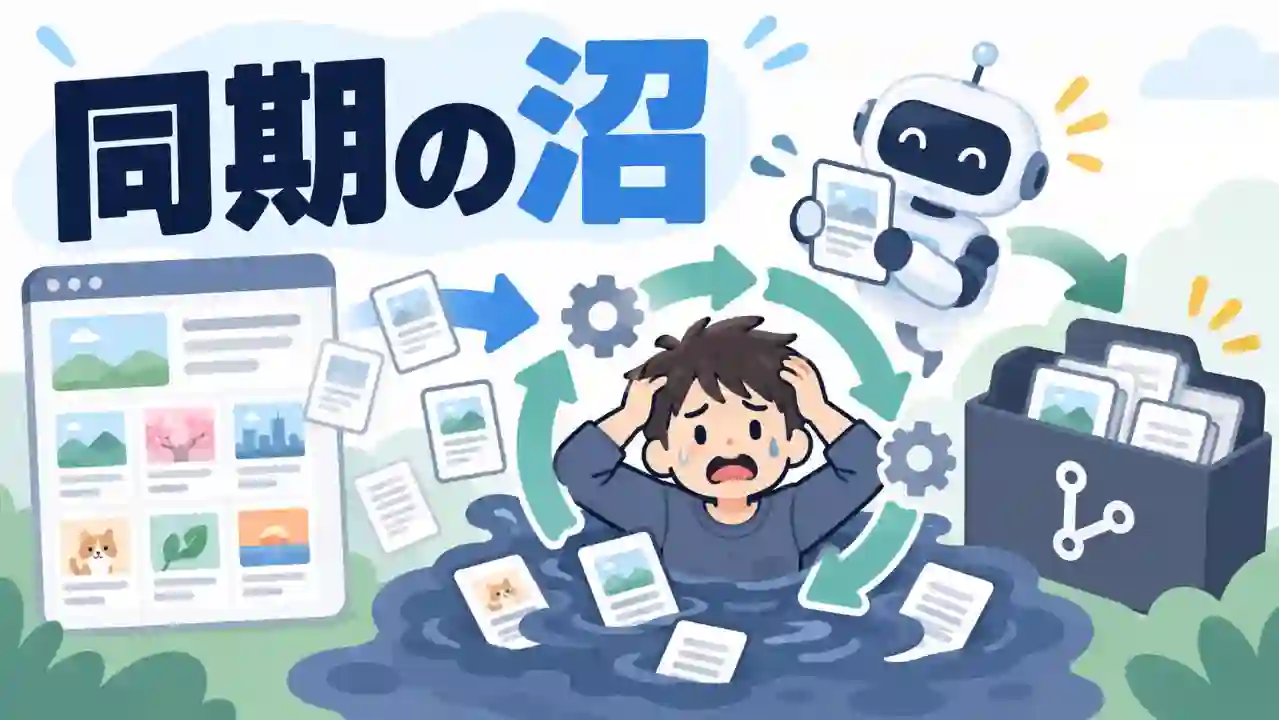 大量のブログ記事をAIに読ませるための同期作業に追われる人物を中心に、記事データの流れとAIの支援を表現した図解風のイラスト