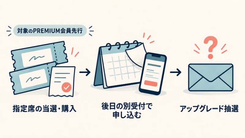 対象のPREMIUM会員先行で指定席に当選・購入したあと、後日の別受付で申し込み、アップグレード抽選へ進む順序を示したイラスト。
