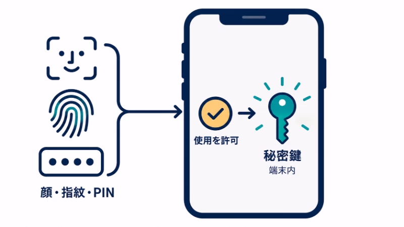 顔・指紋・PINによる確認が、スマホ内の秘密鍵の使用許可につながる例。認証に使う方法と、端末内に保持する秘密鍵を分けて示している。
