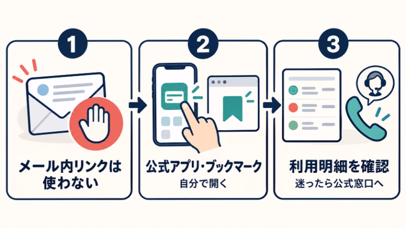 不審なメール内のリンクを使わず、公式アプリや確認済みのブックマークを自分で開き、利用明細を確認して、判断に迷ったら公式窓口へ問い合わせる3手順。