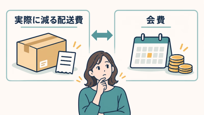 荷物と明細で示す「実際に減る配送費」と、カレンダーと硬貨で示す「会費」を左右に並べ、Amazonプライムの価値を考える人。