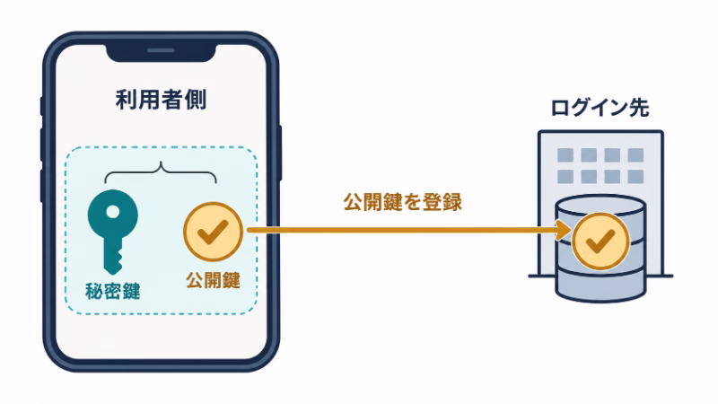 利用者側で作った秘密鍵と公開鍵のうち、公開鍵をログイン先へ登録する流れ。秘密鍵は利用者側に残り、サービスへ送られていない。
