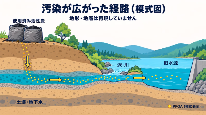 使用済み活性炭から土壌・地下水、沢・川を経て旧水源へPFOAが広がった経路の模式図。黄色の点でPFOAを示し、実際の地形・地層は再現していないと明記。