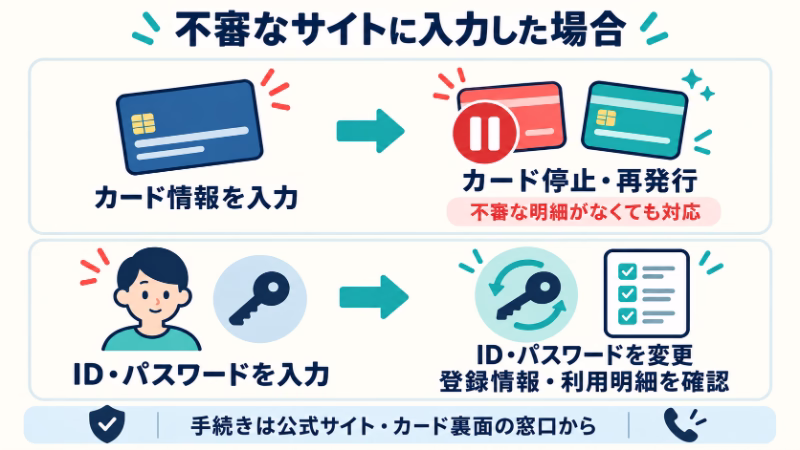 不審なサイトにカード情報を入力した場合は不審な明細がなくてもカード停止・再発行、ID・パスワードを入力した場合はID・パスワード変更と登録情報・利用明細の確認。手続きは公式サイトやカード裏面の窓口から行う。