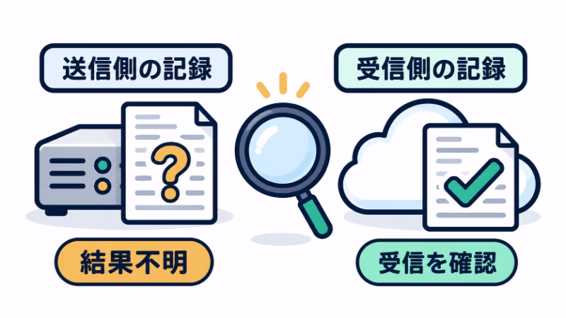 送信側の記録は結果不明でも、受信側では到着を確認できたことを左右に示す。二つの記録を調べる虫眼鏡と、疑問符・チェックの対比。