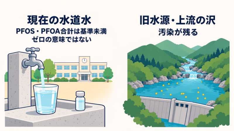現在の水道水と汚染が残る旧水源・上流の沢を左右に分けた図。水道水のPFOS・PFOA合計は基準未満だが、ゼロを意味しないと明記している。