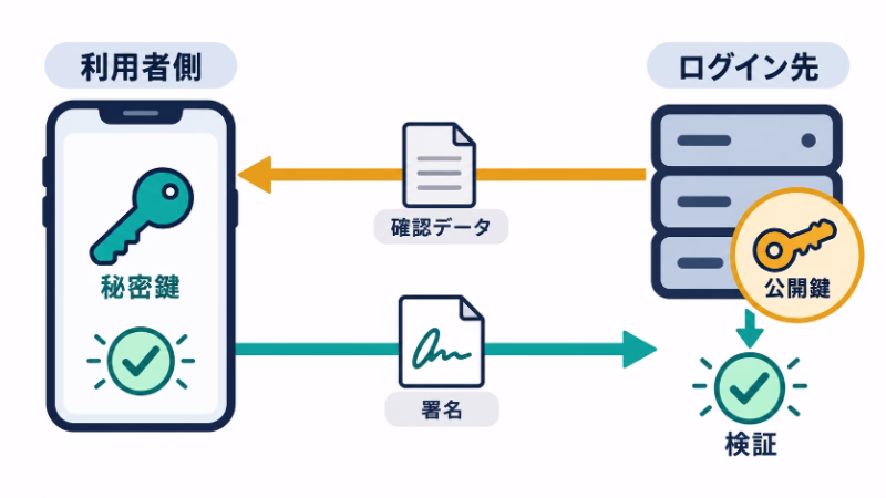 ログイン先から届く確認データに対し、利用者側が秘密鍵で署名して返す流れ。サービスは登録済みの公開鍵で署名を検証する。