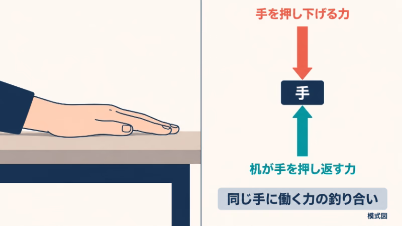 机に置いた手と、同じ手に働く力の模式図。手を押し下げる力と、机が手を押し返す上向きの力が釣り合う状態を表している。