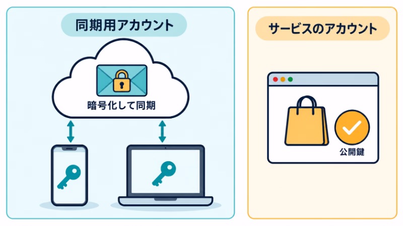 暗号化した鍵をスマホとパソコンに同期するアカウントと、公開鍵を登録する通販サービスのアカウントを、左右に分けて示している。