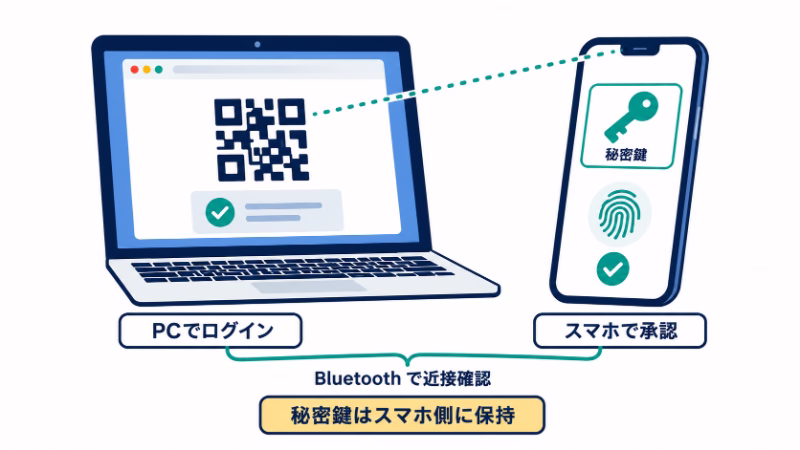パソコンのQRコードをスマホで読み取って承認する図。Bluetoothで近接を確認し、秘密鍵はスマホ側に保持したままPCでログインする。