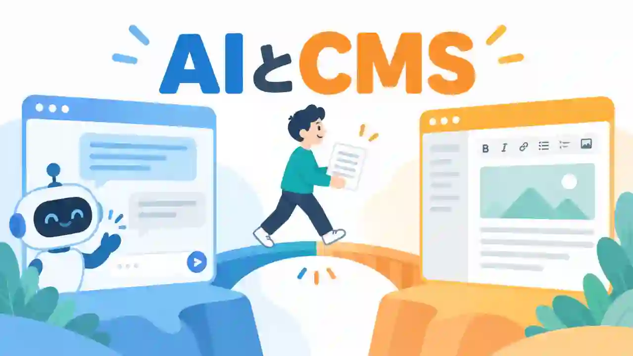 AIとCMSの間を人が行き来し、両者をつなぐ関係を大きく示した記事テーマのイラスト