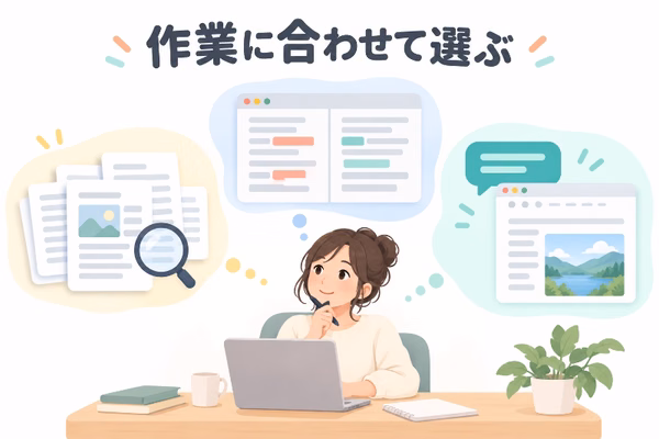 パソコンを使う人物の周りに、記事の分析、変更内容の比較、会話による画像編集の三つの作業を配置したイラスト