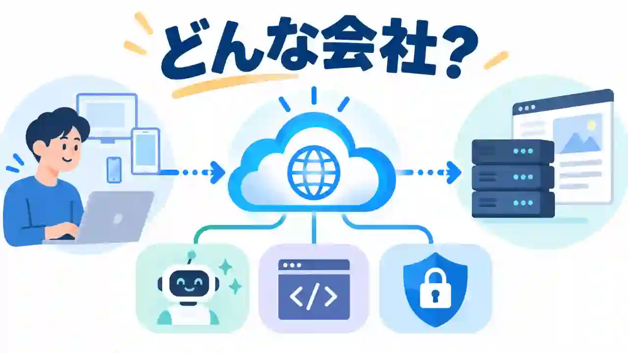 利用者とWebサーバーの間にクラウド基盤が入り、AI・開発・セキュリティへ広がる様子のイラスト