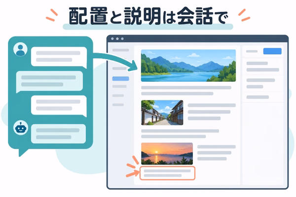 チャットから記事編集画面へ矢印が伸び、三枚の画像の配置と画像説明欄の設定を会話で進める様子を示したイラスト