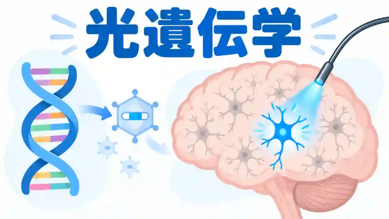 DNAの模式図と脳の断面を配置し、光ファイバーからの青い光が特定の神経細胞に届く様子のイラスト