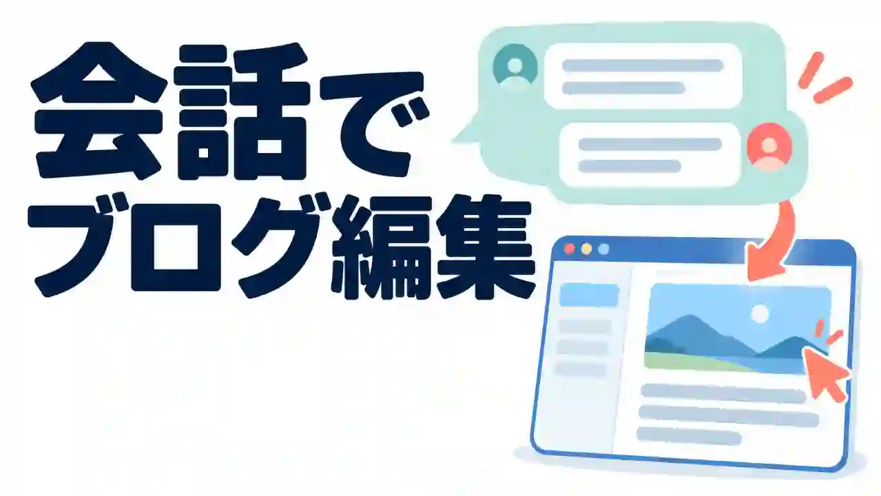 チャットの吹き出しから記事編集画面へ矢印が伸び、会話を通してブログの文章や画像を編集する関係を示したイラスト